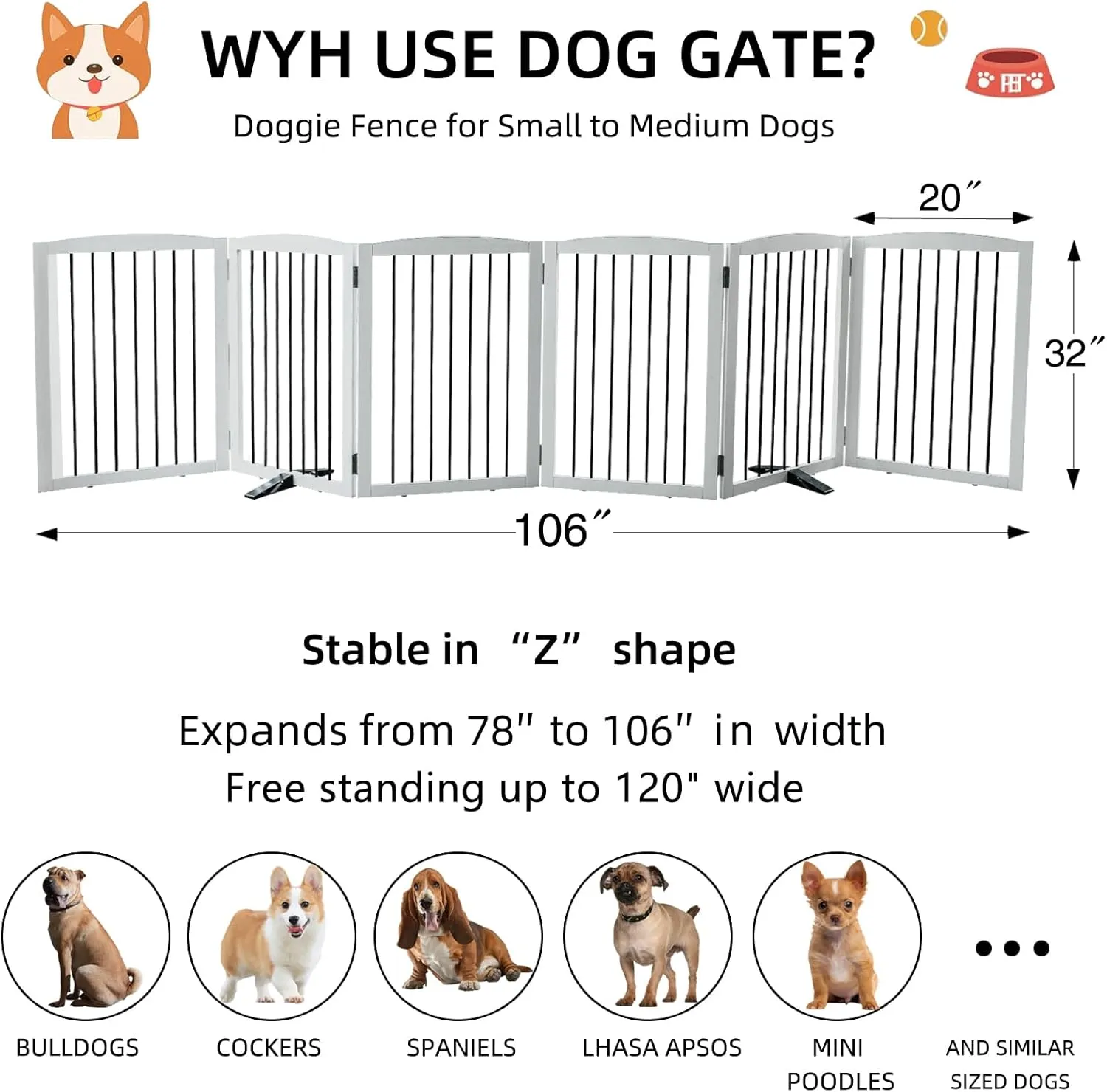 ZJSF Freestanding Panel Dog Gate for Indoor, Doorways,Stairs, or Hallways,Foldable Wooden White Pet Gates for House,Pet Gate for Dogs,Dog Fence, Puppy Gate,Support Feet Included,32 "Height-6 Panels