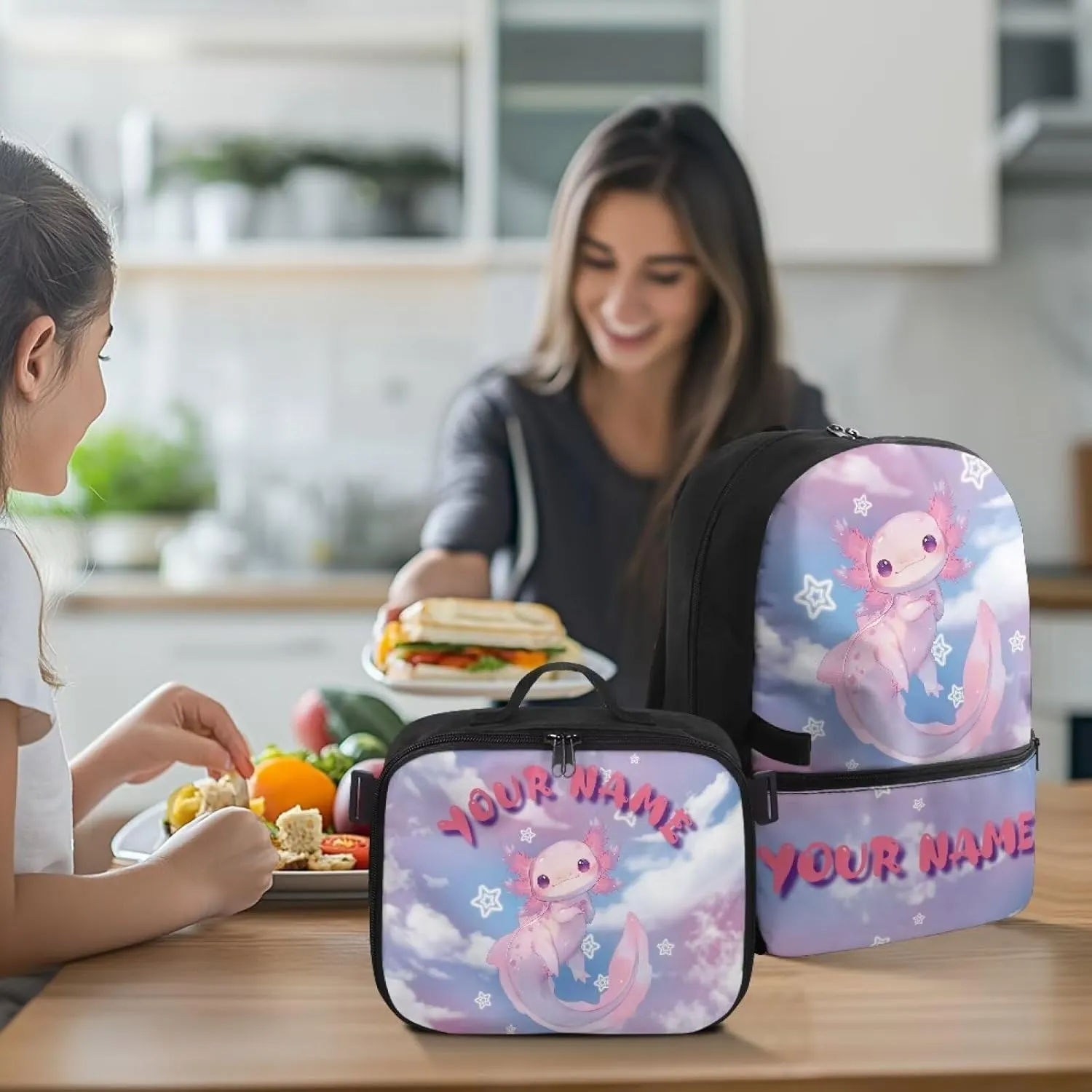 ZOUTAIRONG Axolotl Book Bags for School Customized Name Lunch Case and School Bags for Girls 7-10/10-12/12-16, Cute Bookbags with Side Pockets