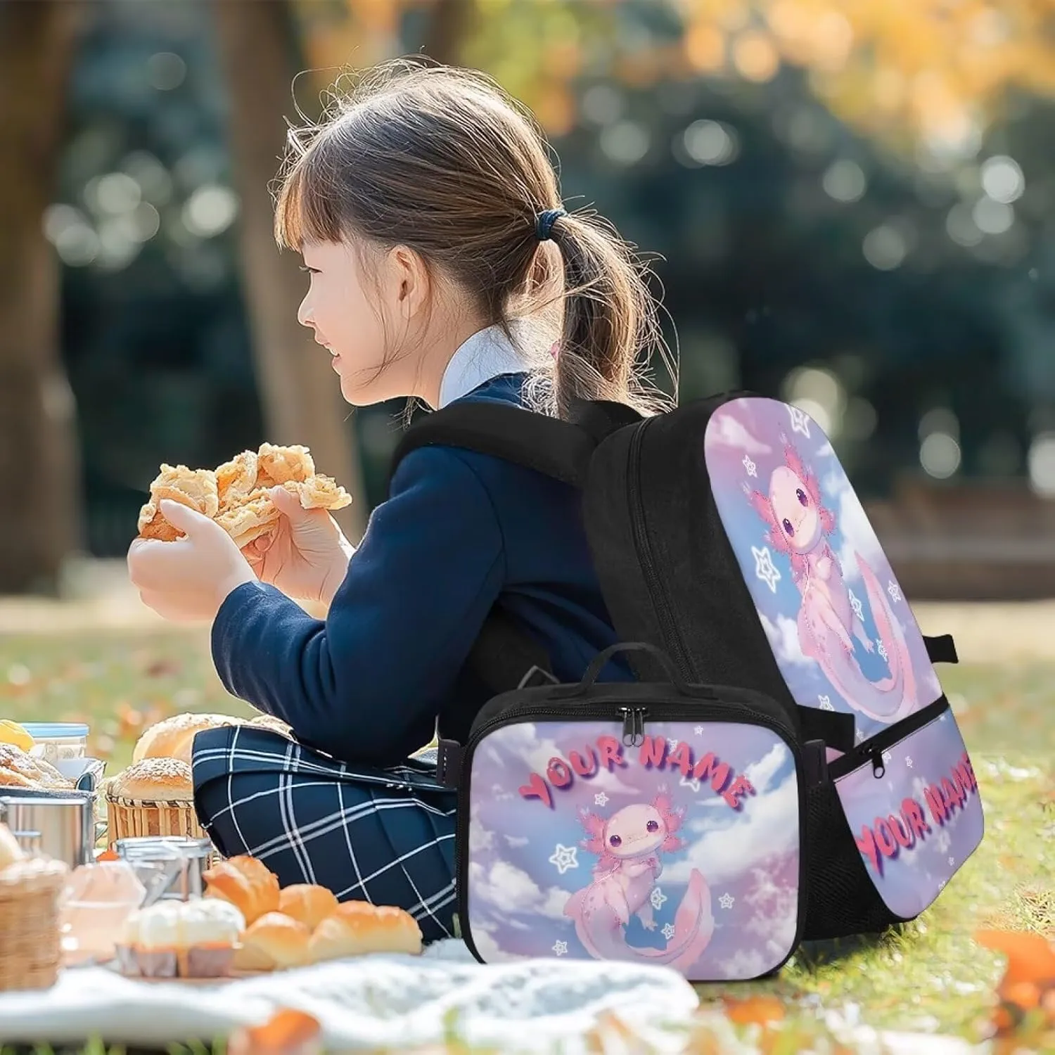 ZOUTAIRONG Axolotl Book Bags for School Customized Name Lunch Case and School Bags for Girls 7-10/10-12/12-16, Cute Bookbags with Side Pockets