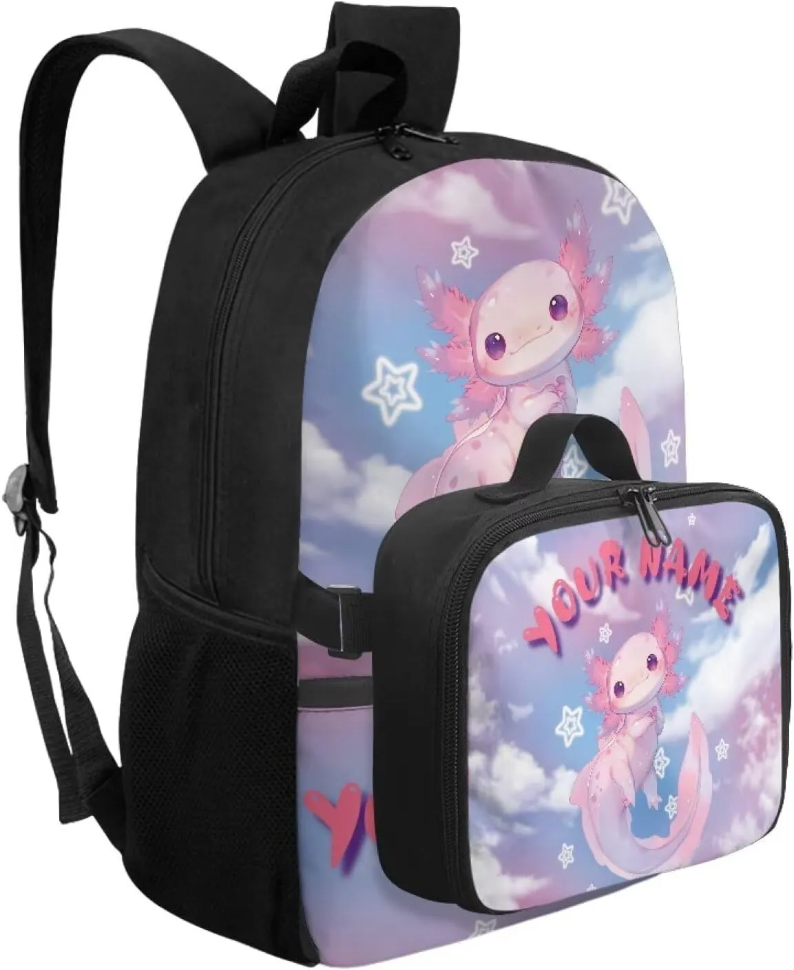 ZOUTAIRONG Axolotl Book Bags for School Customized Name Lunch Case and School Bags for Girls 7-10/10-12/12-16, Cute Bookbags with Side Pockets
