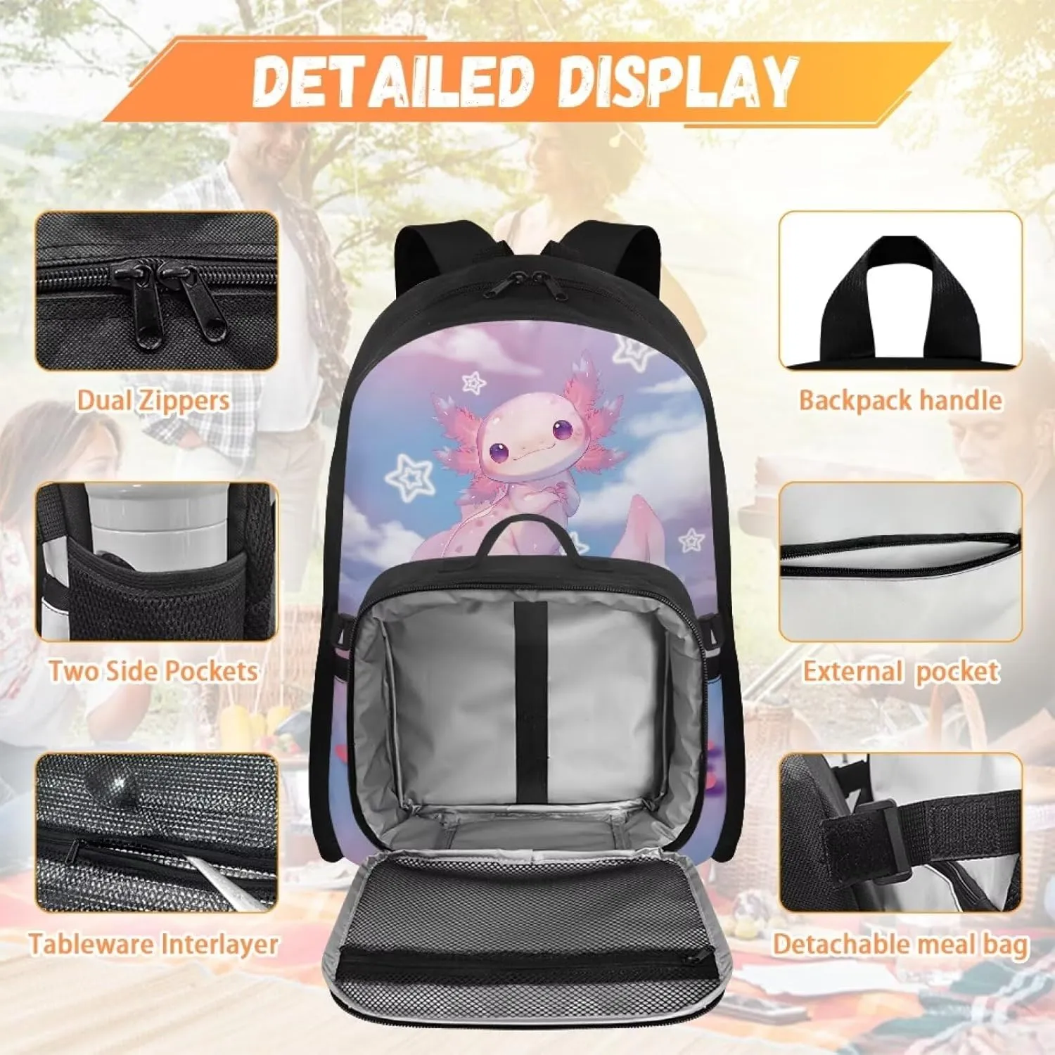 ZOUTAIRONG Axolotl Book Bags for School Customized Name Lunch Case and School Bags for Girls 7-10/10-12/12-16, Cute Bookbags with Side Pockets