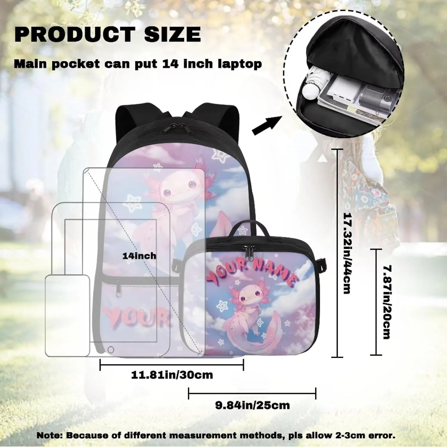 ZOUTAIRONG Axolotl Book Bags for School Customized Name Lunch Case and School Bags for Girls 7-10/10-12/12-16, Cute Bookbags with Side Pockets