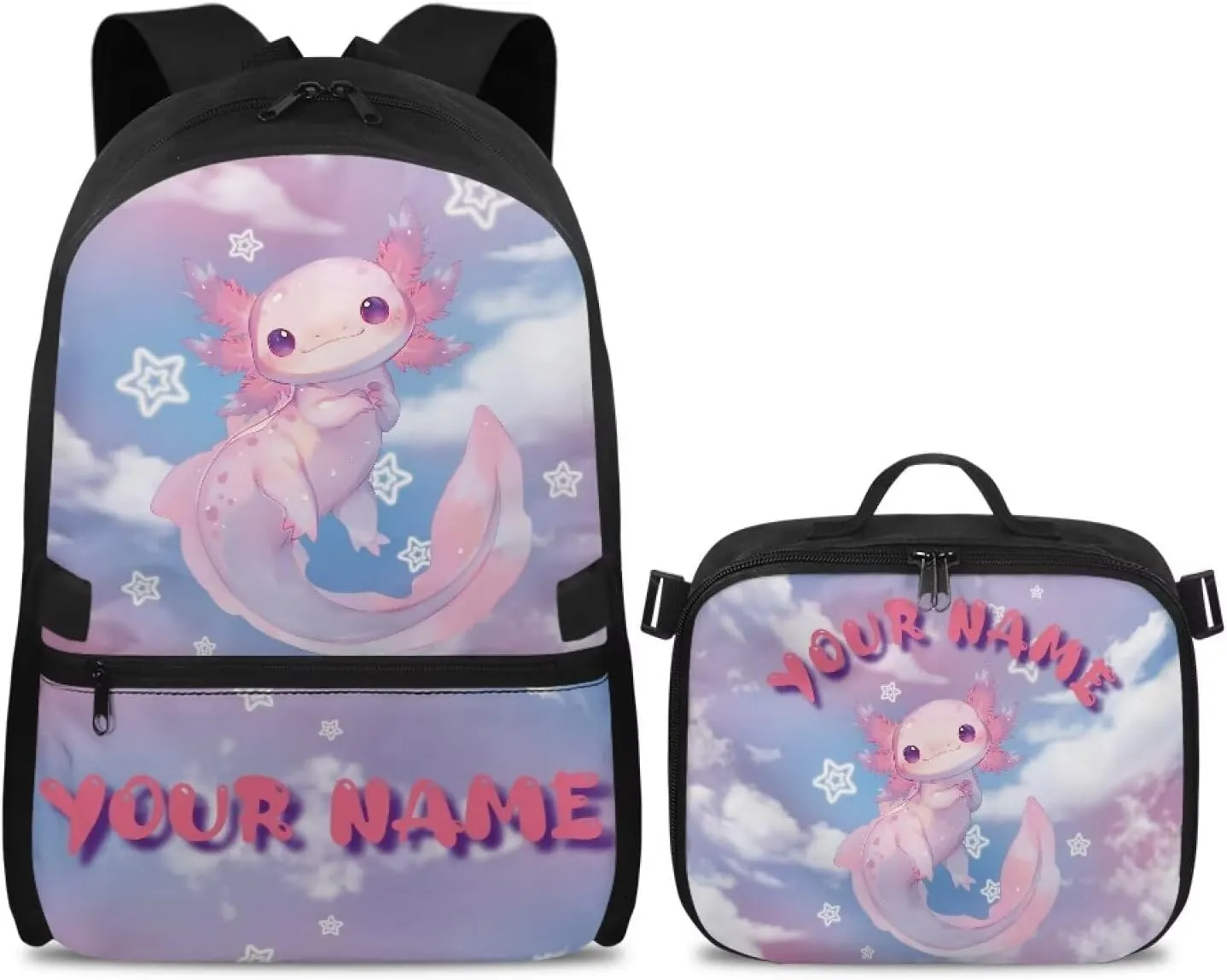 ZOUTAIRONG Axolotl Book Bags for School Customized Name Lunch Case and School Bags for Girls 7-10/10-12/12-16, Cute Bookbags with Side Pockets