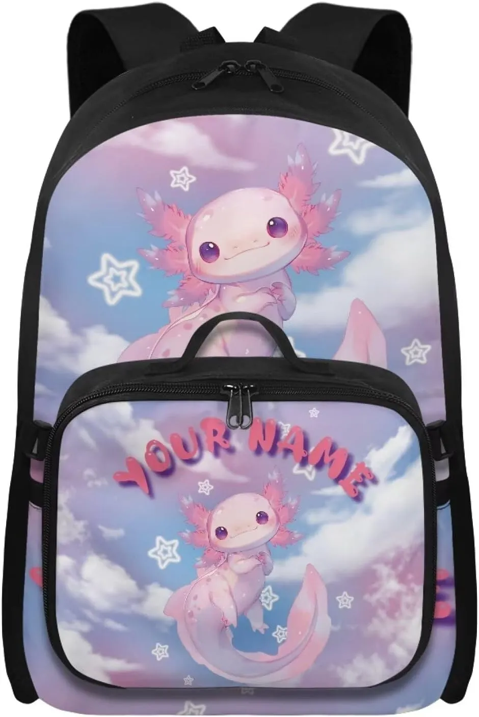 ZOUTAIRONG Axolotl Book Bags for School Customized Name Lunch Case and School Bags for Girls 7-10/10-12/12-16, Cute Bookbags with Side Pockets