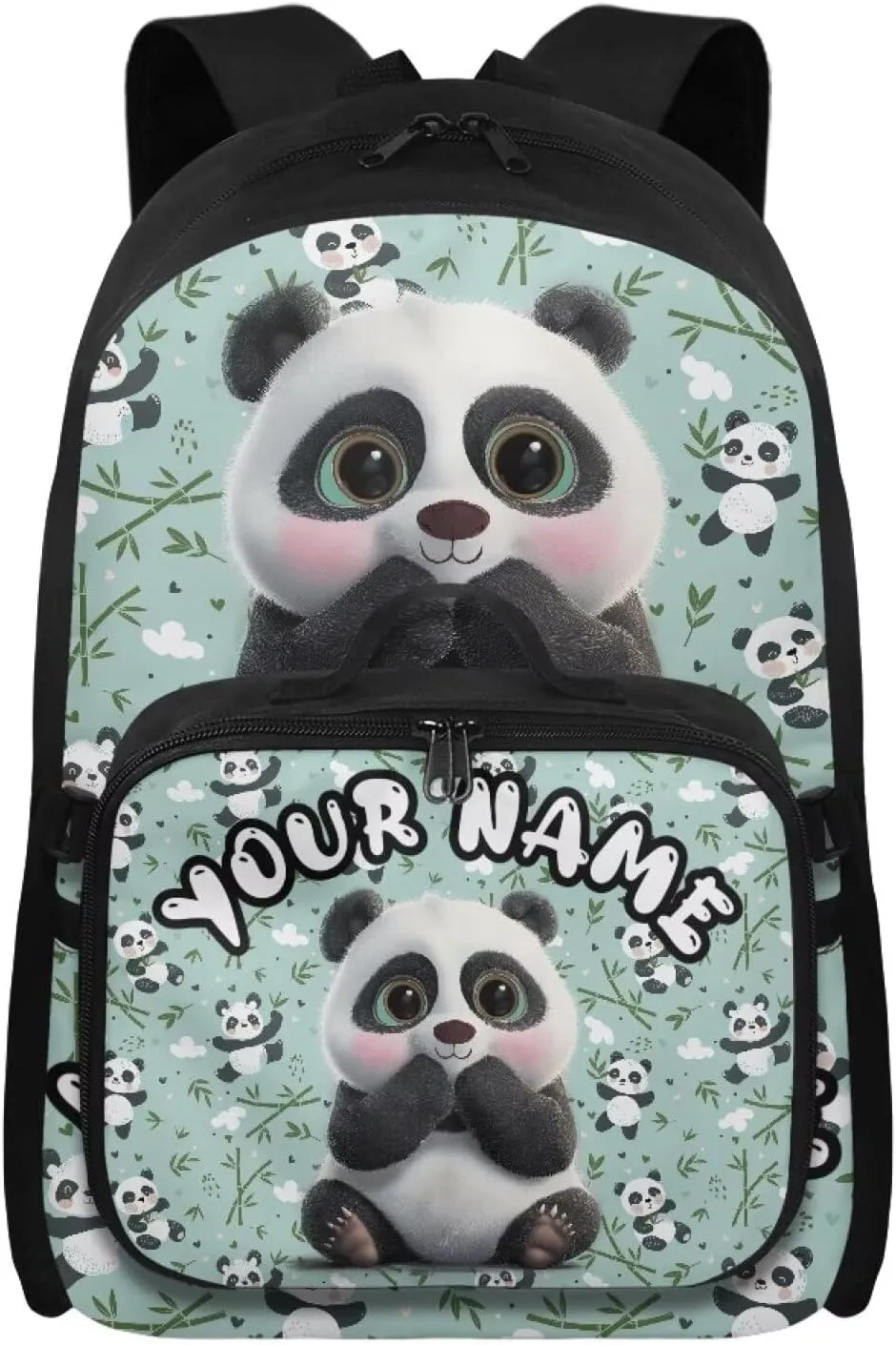 ZOUTAIRONG Green School Bags for Boys and Girls, Cute Panda Personalized Backpack and Lunch Bag for Age 7-10/10-12/12-16, Large Capacity Casual Bookbag with Side Pockets