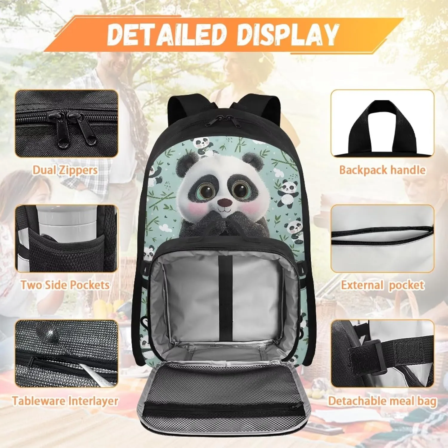 ZOUTAIRONG Green School Bags for Boys and Girls, Cute Panda Personalized Backpack and Lunch Bag for Age 7-10/10-12/12-16, Large Capacity Casual Bookbag with Side Pockets