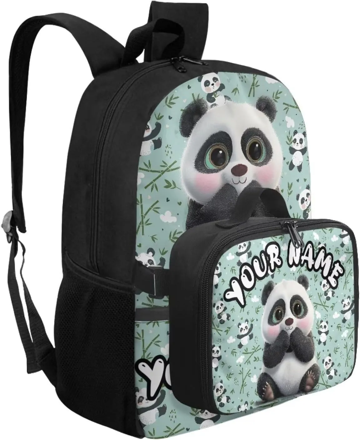 ZOUTAIRONG Green School Bags for Boys and Girls, Cute Panda Personalized Backpack and Lunch Bag for Age 7-10/10-12/12-16, Large Capacity Casual Bookbag with Side Pockets