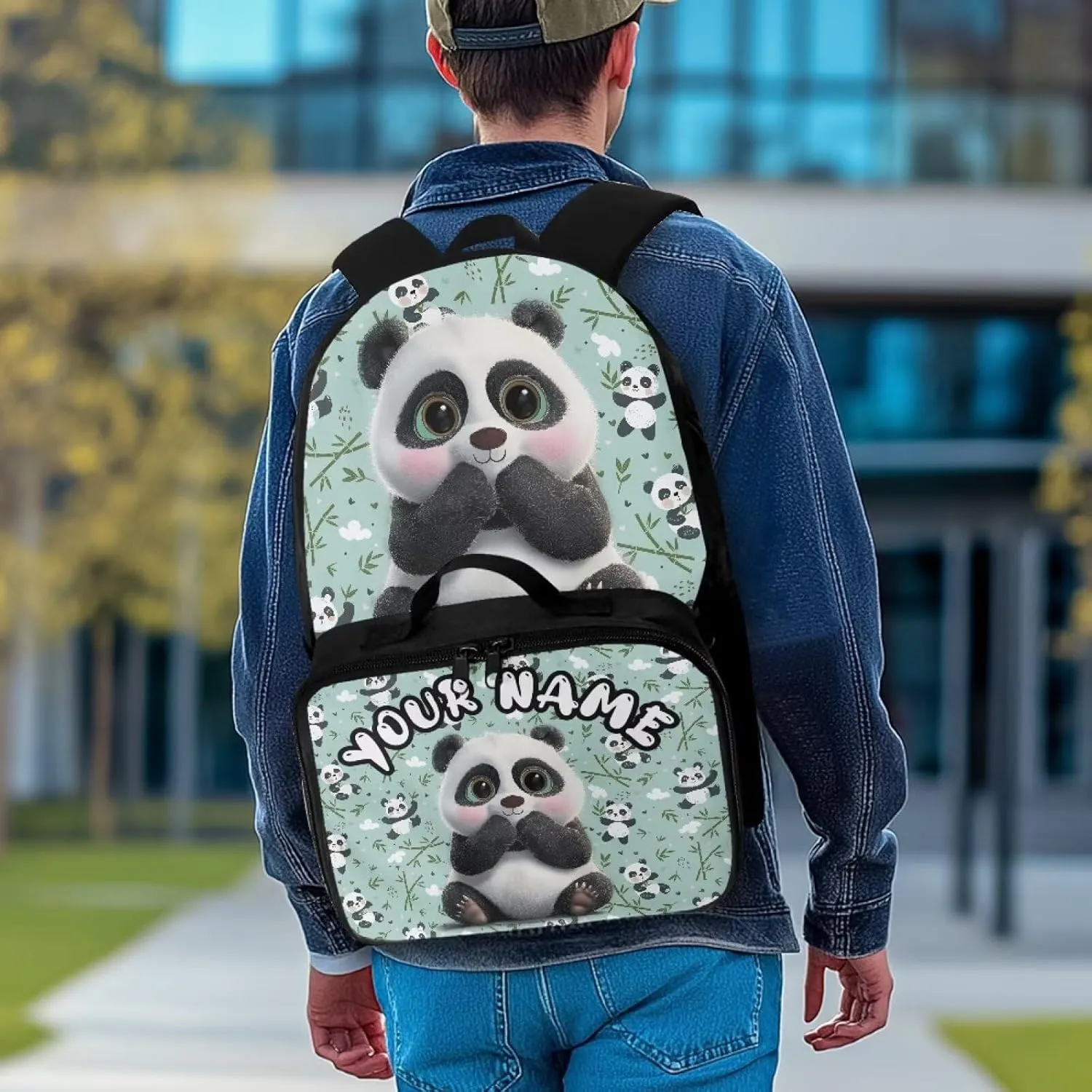 ZOUTAIRONG Green School Bags for Boys and Girls, Cute Panda Personalized Backpack and Lunch Bag for Age 7-10/10-12/12-16, Large Capacity Casual Bookbag with Side Pockets