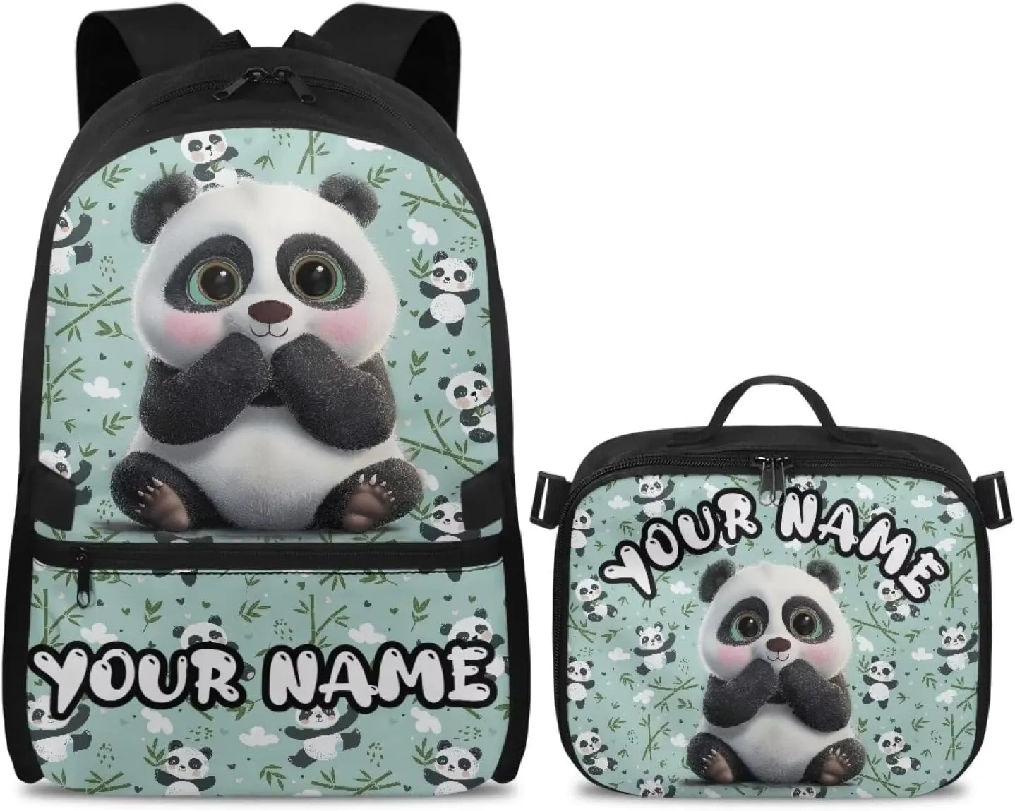 ZOUTAIRONG Green School Bags for Boys and Girls, Cute Panda Personalized Backpack and Lunch Bag for Age 7-10/10-12/12-16, Large Capacity Casual Bookbag with Side Pockets
