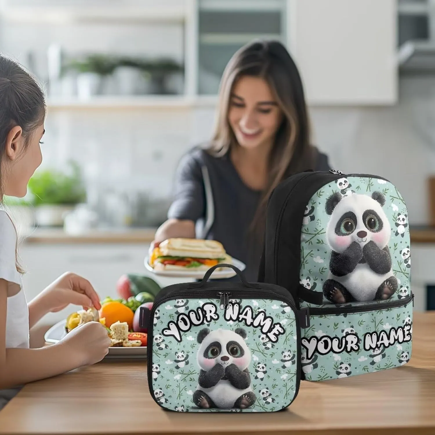 ZOUTAIRONG Green School Bags for Boys and Girls, Cute Panda Personalized Backpack and Lunch Bag for Age 7-10/10-12/12-16, Large Capacity Casual Bookbag with Side Pockets