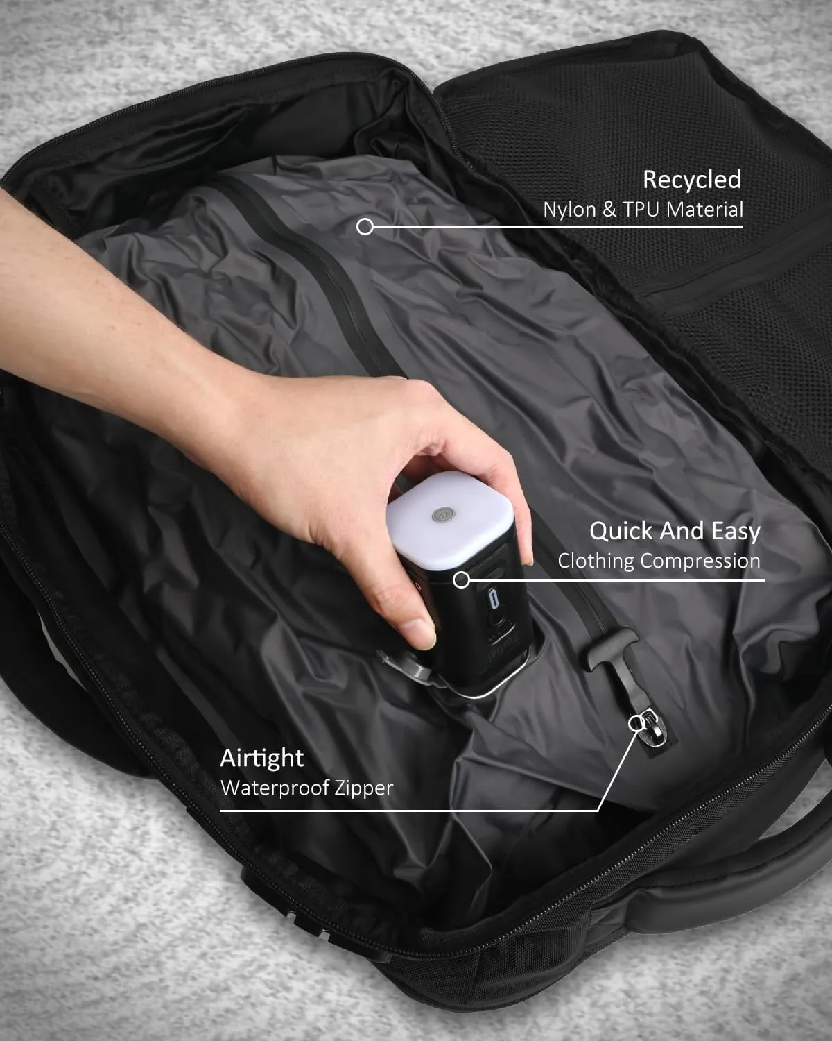 Zurligi Vacuum Backpack Travel - Extra Large 70L Expandable Vacuum Compression Backpack with Pump, Water Resistant, TSA Lock, Fits 19 inch Laptop, for Camping, Weekender, Business, College