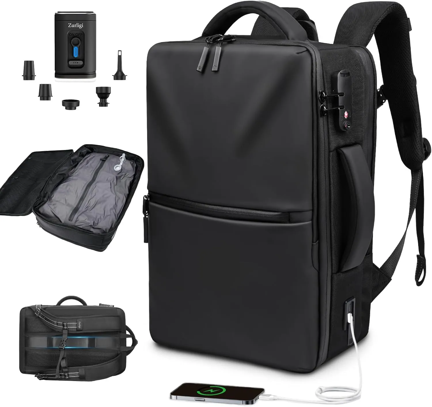 Zurligi Vacuum Backpack Travel - Extra Large 70L Expandable Vacuum Compression Backpack with Pump, Water Resistant, TSA Lock, Fits 19 inch Laptop, for Camping, Weekender, Business, College