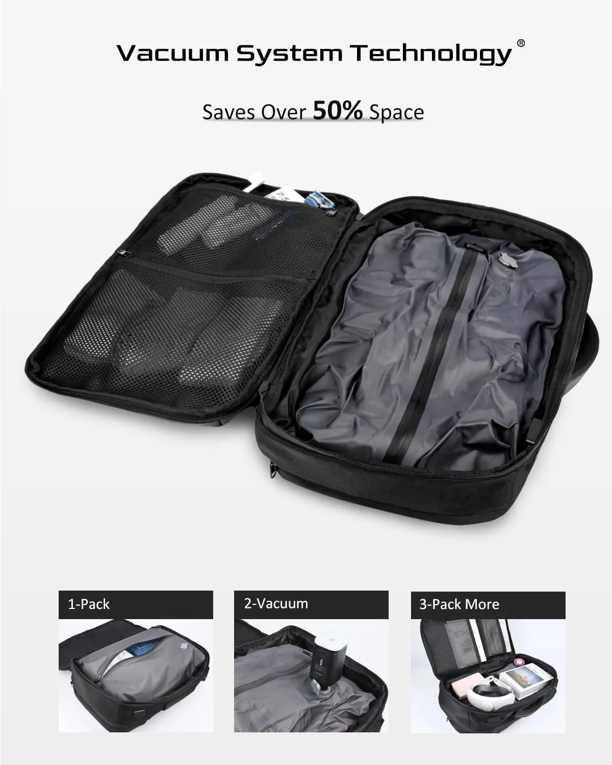 Zurligi Vacuum Backpack Travel - Extra Large 70L Expandable Vacuum Compression Backpack with Pump, Water Resistant, TSA Lock, Fits 19 inch Laptop, for Camping, Weekender, Business, College