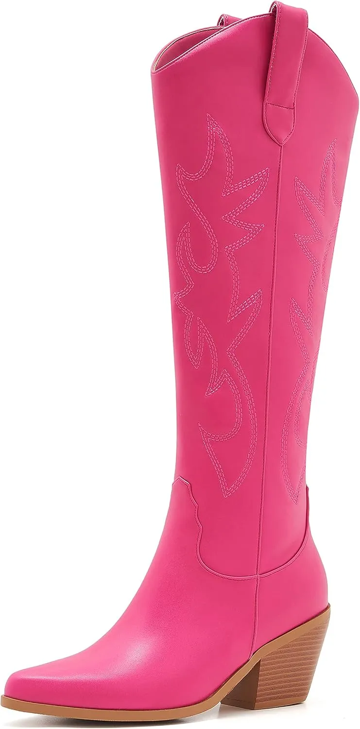 ZXHYZLZ Cowboy Boots For Women 2-Inch Low Heel Comfortable Tall Knee High Western Cowgirl Boots Pointed Toe Botas Vaqueras Para Mujer Classic Embroidered Chunky Heel
