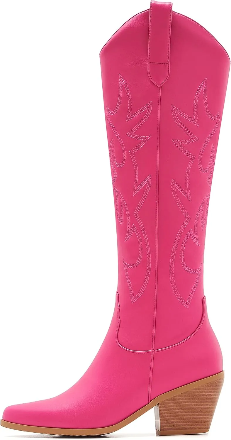 ZXHYZLZ Cowboy Boots For Women 2-Inch Low Heel Comfortable Tall Knee High Western Cowgirl Boots Pointed Toe Botas Vaqueras Para Mujer Classic Embroidered Chunky Heel