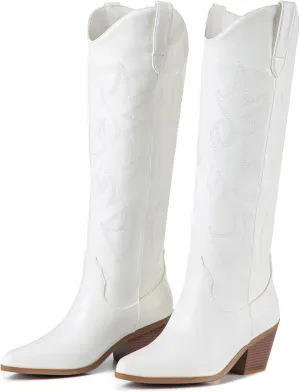 ZXHYZLZ Cowboy Boots For Women 2-Inch Low Heel Comfortable Tall Knee High Western Cowgirl Boots Pointed Toe Botas Vaqueras Para Mujer Classic Embroidered Chunky Heel