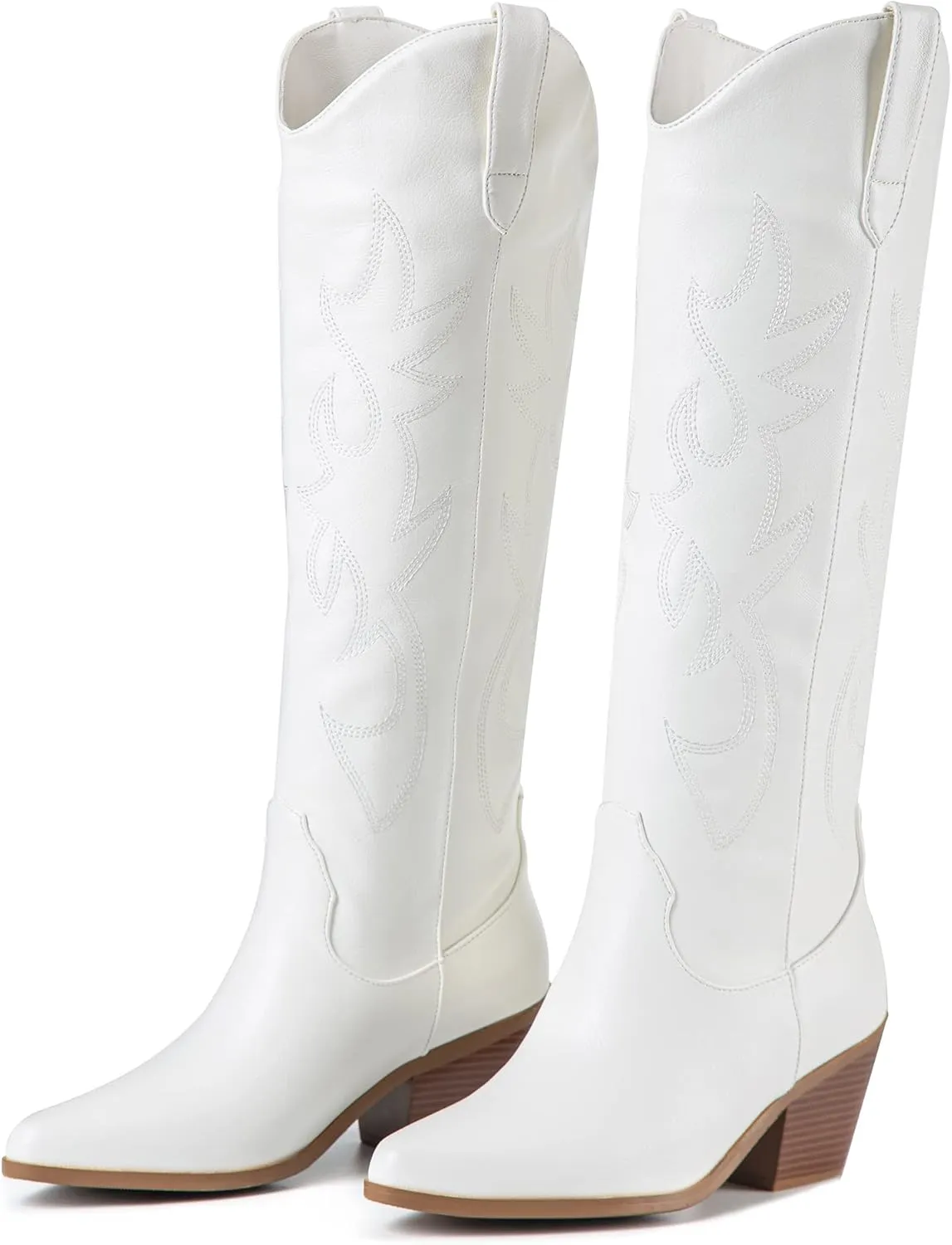 ZXHYZLZ Cowboy Boots For Women 2-Inch Low Heel Comfortable Tall Knee High Western Cowgirl Boots Pointed Toe Botas Vaqueras Para Mujer Classic Embroidered Chunky Heel