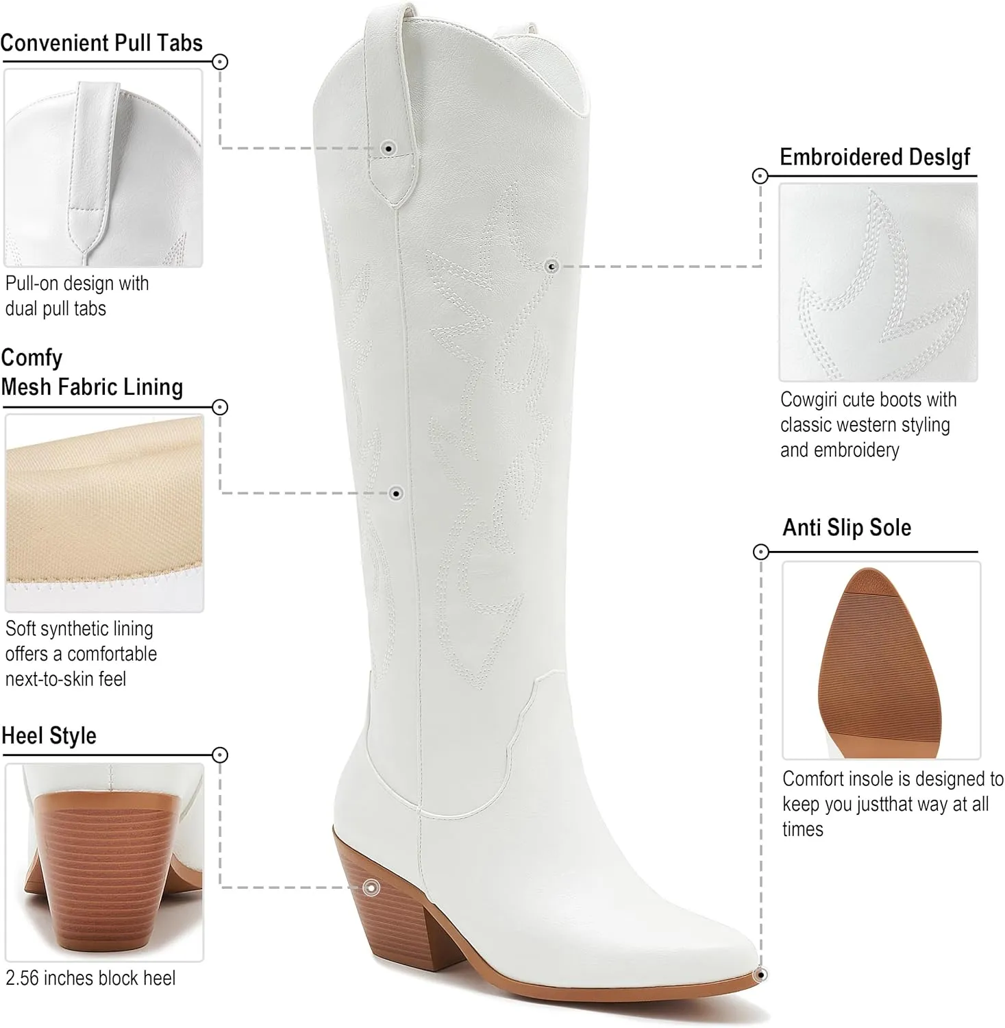 ZXHYZLZ Cowboy Boots For Women 2-Inch Low Heel Comfortable Tall Knee High Western Cowgirl Boots Pointed Toe Botas Vaqueras Para Mujer Classic Embroidered Chunky Heel