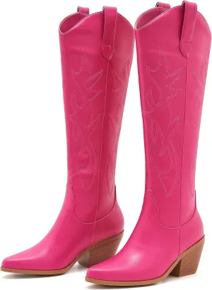 ZXHYZLZ Cowboy Boots For Women 2-Inch Low Heel Comfortable Tall Knee High Western Cowgirl Boots Pointed Toe Botas Vaqueras Para Mujer Classic Embroidered Chunky Heel
